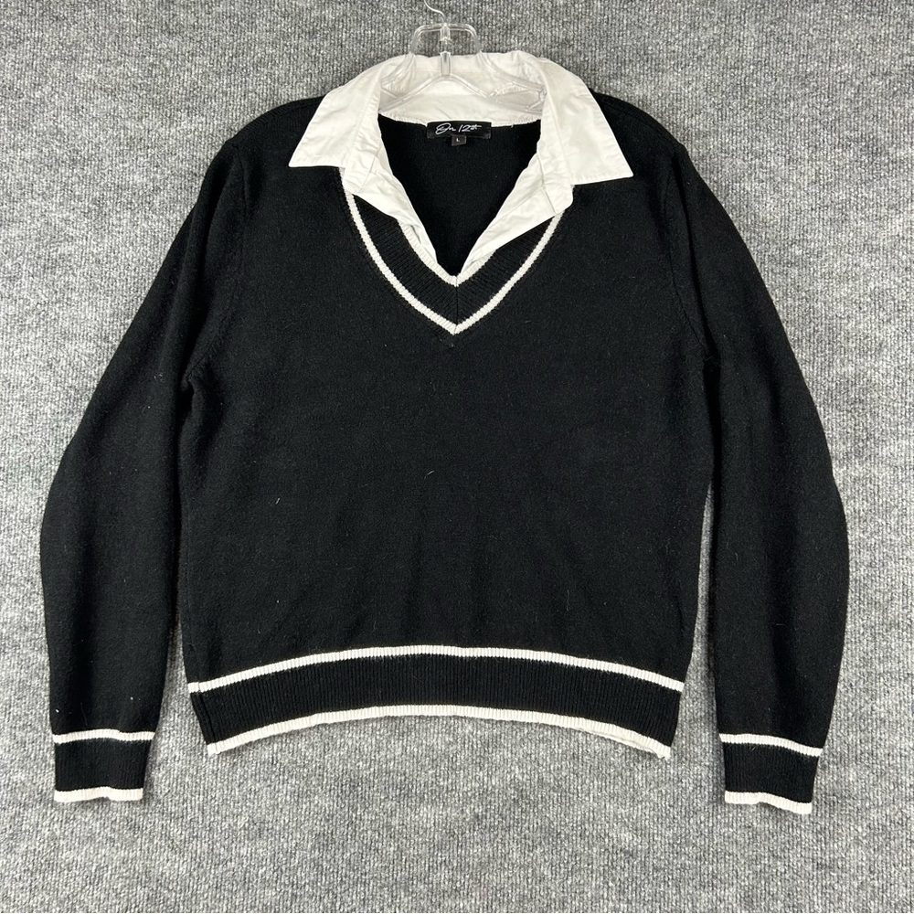 On 12th Black & White Layered Varsity Sweater L
